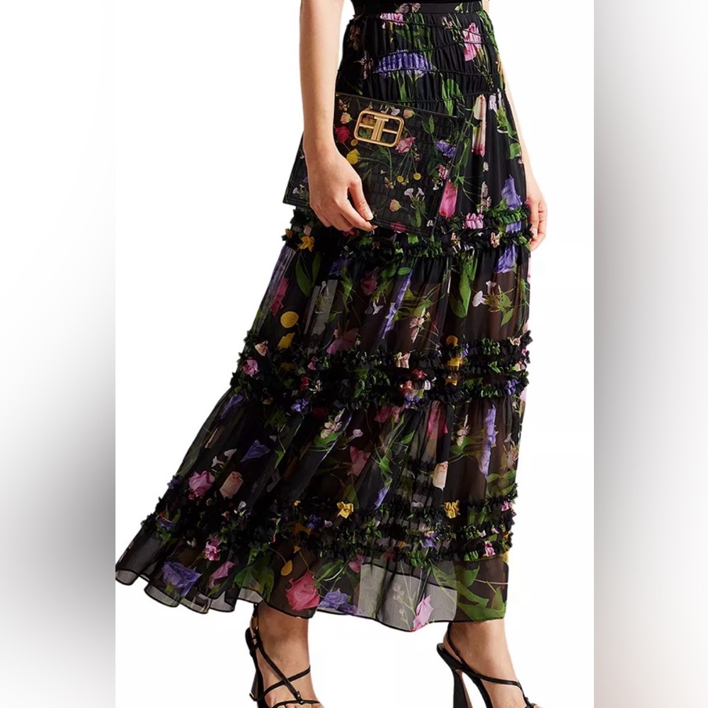 Ted Baker London $295 NWT Floral Ruffle Tiered Chiffon Skirt Size 3.